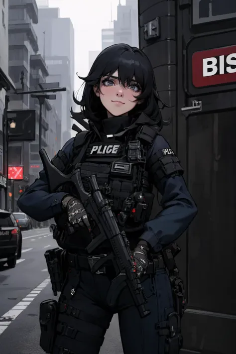 realistic,photo, masterpiece, best quality,,(1girl),short messy black hair, grey eyes, ((crossdressing)), sly smile, ,solo,outdoors,cityscape,<lora:0299 New York City Police Department_v1:0.9>,ruanyi0299,belt,boots,bulletproof vest,police uniform,holding weapon,h&k mp5,submachine gun,(cowboy shot:1.3),standing, <lora:Dross_v1_R64:0.85> <lora:GoodHands-vanilla:1>