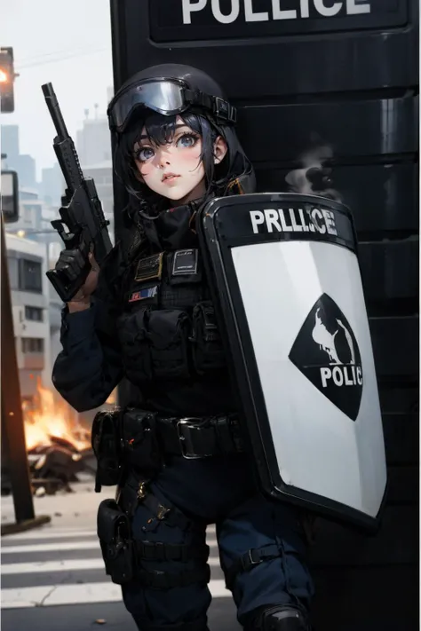 1girl,solo,outdoors,cityscape,(cowboy shot:1.3),open fire,<lora:0299 New York City Police Department_v1:1>,ruanyi0299,belt,boots,bulletproof vest,police uniform,shield,holding gun,holding shield,helmet,, best quality,masterpiece,highres,official art,extremely detailed cg unity 8k wallpaper