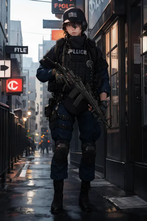 solo,outdoors,cityscape,<lora:0299 New York City Police Department_v1:0.9>,ruanyi0299,baseball cap,belt,boots,bulletproof vest,police uniform,holding weapon,(full body:1.2),h&k mp5,1boy,one knee,, best quality,masterpiece,highres,official art,extremely detailed cg unity 8k wallpaper