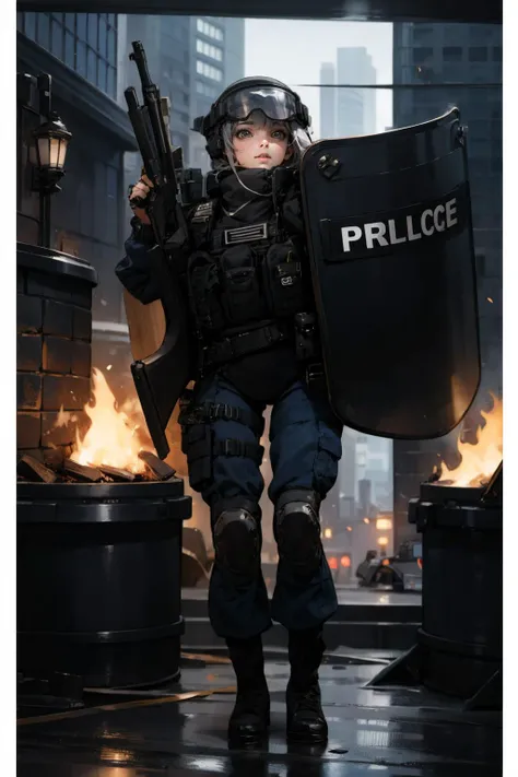 1girl,solo,outdoors,cityscape,open fire,<lora:0299 New York City Police Department_v1:1>,ruanyi0299,belt,boots,bulletproof vest,police uniform,shield,holding gun,holding shield,helmet,(full body:1.2),, best quality,masterpiece,highres,official art,extremely detailed cg unity 8k wallpaper