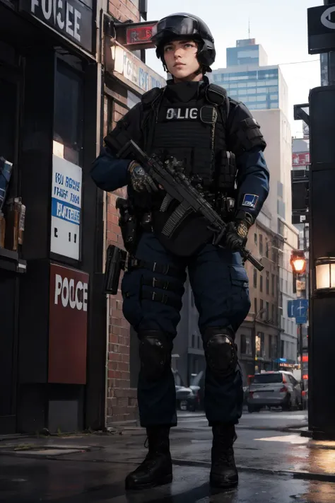 solo,outdoors,cityscape,<lora:0299 New York City Police Department_v1:0.9>,ruanyi0299,baseball cap,belt,boots,bulletproof vest,police uniform,holding weapon,(full body:1.2),h&k mp5,1boy,, best quality,masterpiece,highres,official art,extremely detailed cg unity 8k wallpaper