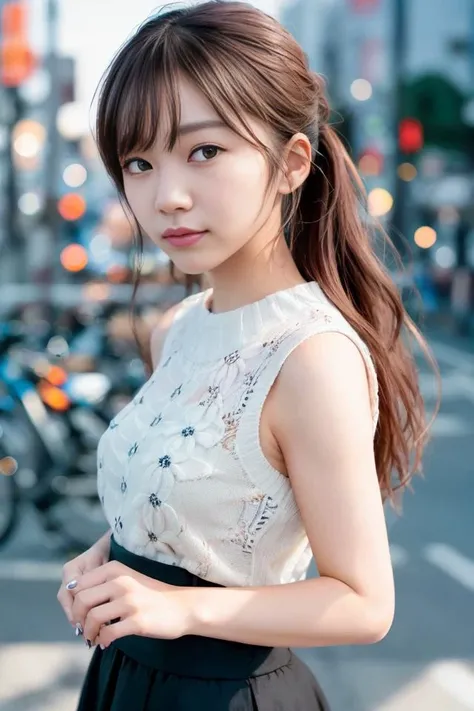 (skin blemish:1.2), (skindentation), black eye, 1woman, 25yo, (((woman))), solo, realistic, best quality, photorealistic, masterpiece, 8k, high res, solo, extremely detailed face, (professional lighting, bokeh), (light particles, lens flare, glowing particles:0.6), (dynamic pose:1.2), soft lighting, top angle view, fashionable and trendy atmosphere, japan, street, tokyo, city, ((daytime)), sky, ((looking at the viewer:1)), (looking at the camera),(portrait:0.6), cowboy shot, gorgeous, standing, keep original facial proportion, wide shoulder, full body, (small breast), (medium hair), brown hair, floating hair, lips, lipstick, seductive smile, floating hair, smile, open_mouth, teeth, (sleeves less white blouse), (jumper skirt), eyelashes, mole, (mole under eye:1), <lora:Idol_Sashihara:0.8>