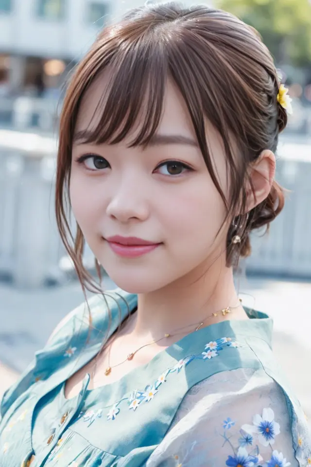 (skin blemish:1.2), (skindentation), black eye, 1woman, 25yo, (((woman))), solo, realistic, best quality, photorealistic, masterpiece, 8k, high res, solo, extremely detailed face, (professional lighting, bokeh), (light particles, lens flare, glowing particles:0.6), (dynamic pose:1.2), soft lighting, top angle view, fashionable and trendy atmosphere, japan, street, tokyo, harbour, skytree, tokyo tower, ((daytime)), sky, ((looking at the viewer:1)), (looking at the camera),(portrait:0.6), cowboy shot, gorgeous, standing, keep original facial proportion, wide shoulder, full body, (small breast), (medium hair), brown hair, floating hair, lips, lipstick, seductive smile, floating hair, smile, open_mouth, teeth, (flowery pattern summer dress:1), eyelashes, mole, (mole under eye:1), <lora:Idol_Sashihara:0.8>