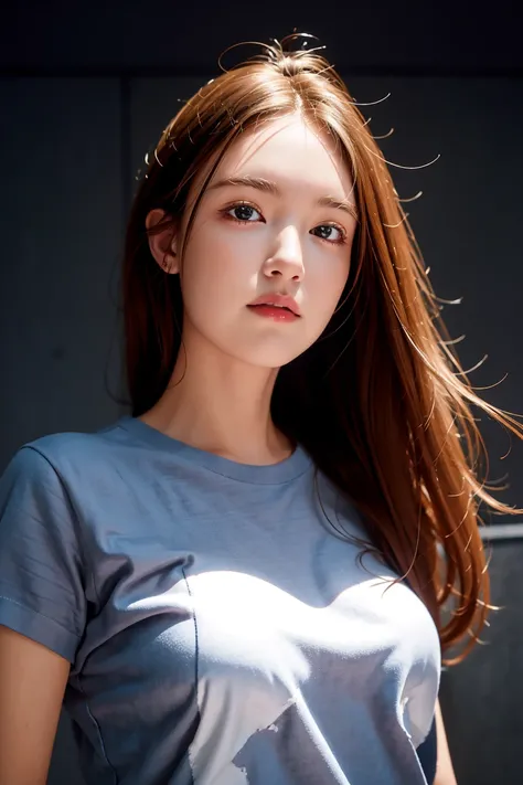 1girl,  upper body, flow, T-shirt, upper body, lovely girl, jeans, Best quality, masterpiece, <lora:Bellaria-01:1>