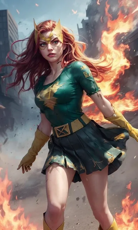 marvgirl2023, 1 girl, ginger hair, uhd, best quality, masterpiece, 5 fingers, closeup, full body, long hair, green short skirt, green eyes, yellow gloves, psychic, fiery battlefield, damaged clothing, torn clothes, dirty skin, tattered clothes, embarrassed, skimpy outfit, phoenix, dramatic lighting, superpowers, telekinesis,