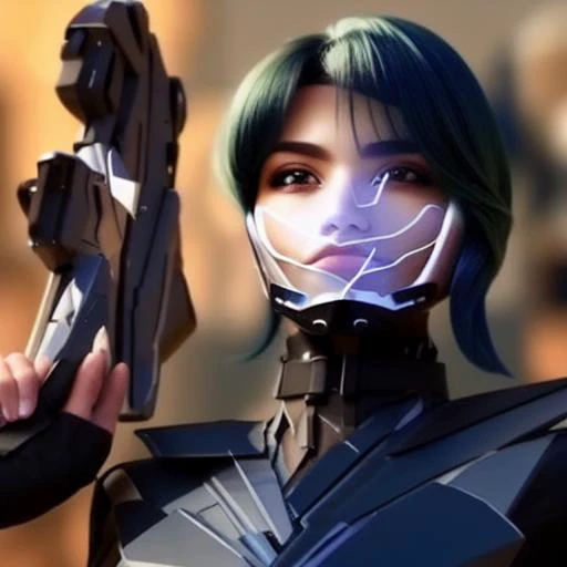 tight ponytail, Long sidebangs, holding, bate shoulders, Glass mask, choker, glass armor, futuristic soldier, 1girl, blurry background, tight suit, holding gun