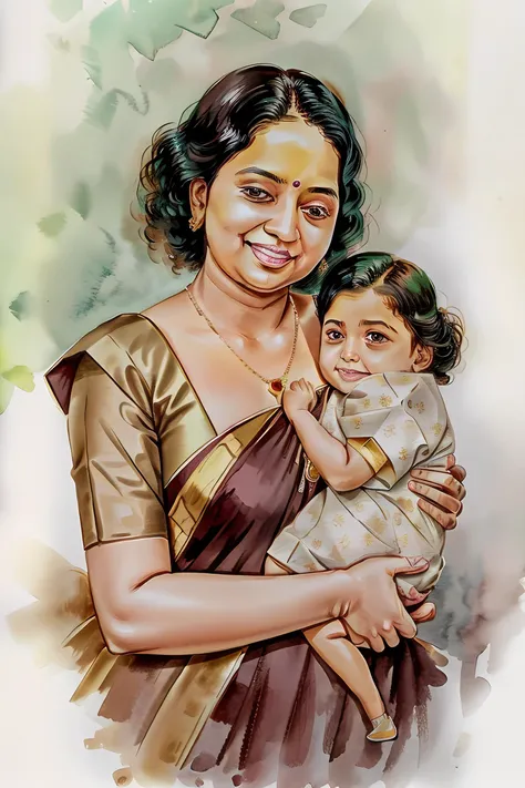 watercolor portrait of a very pretty 25yo petite woman, mother holding , dgespressov2_TI:0.7, intricate Maroon ethnic clothing, light and breezy, looking at viewer, smiling, <lora:Watercolor_Painting:1>