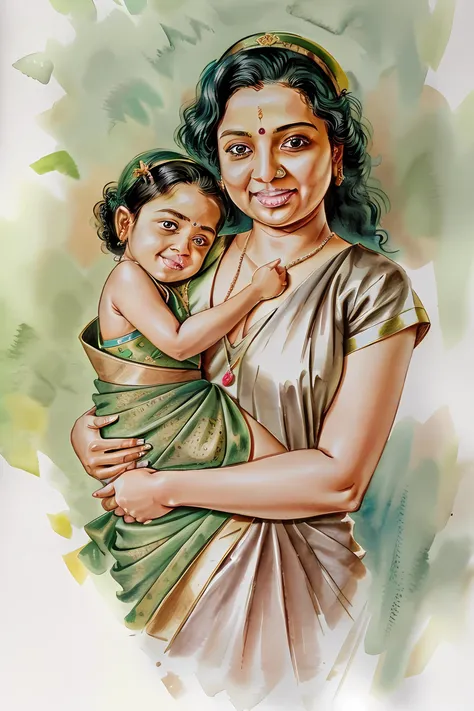 watercolor portrait of a very pretty 25yo petite woman, mother holding , dgespressov2_TI:0.7, intricate Sage ethnic clothing, light and breezy, looking at viewer, smiling, <lora:Watercolor_Painting:1>