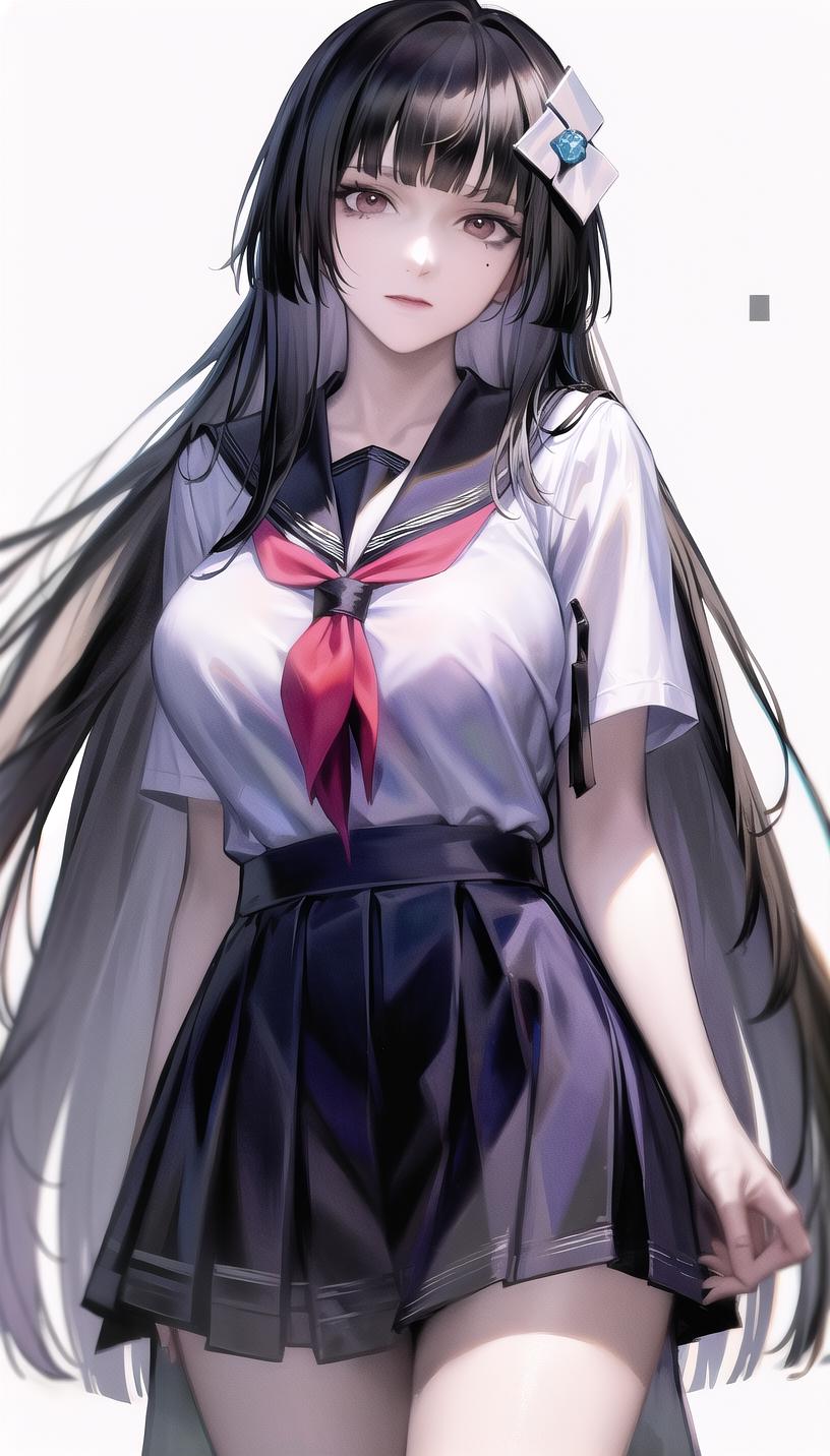 Anime girl with long black hair and a white shirt and a red tie - SeaArt AI