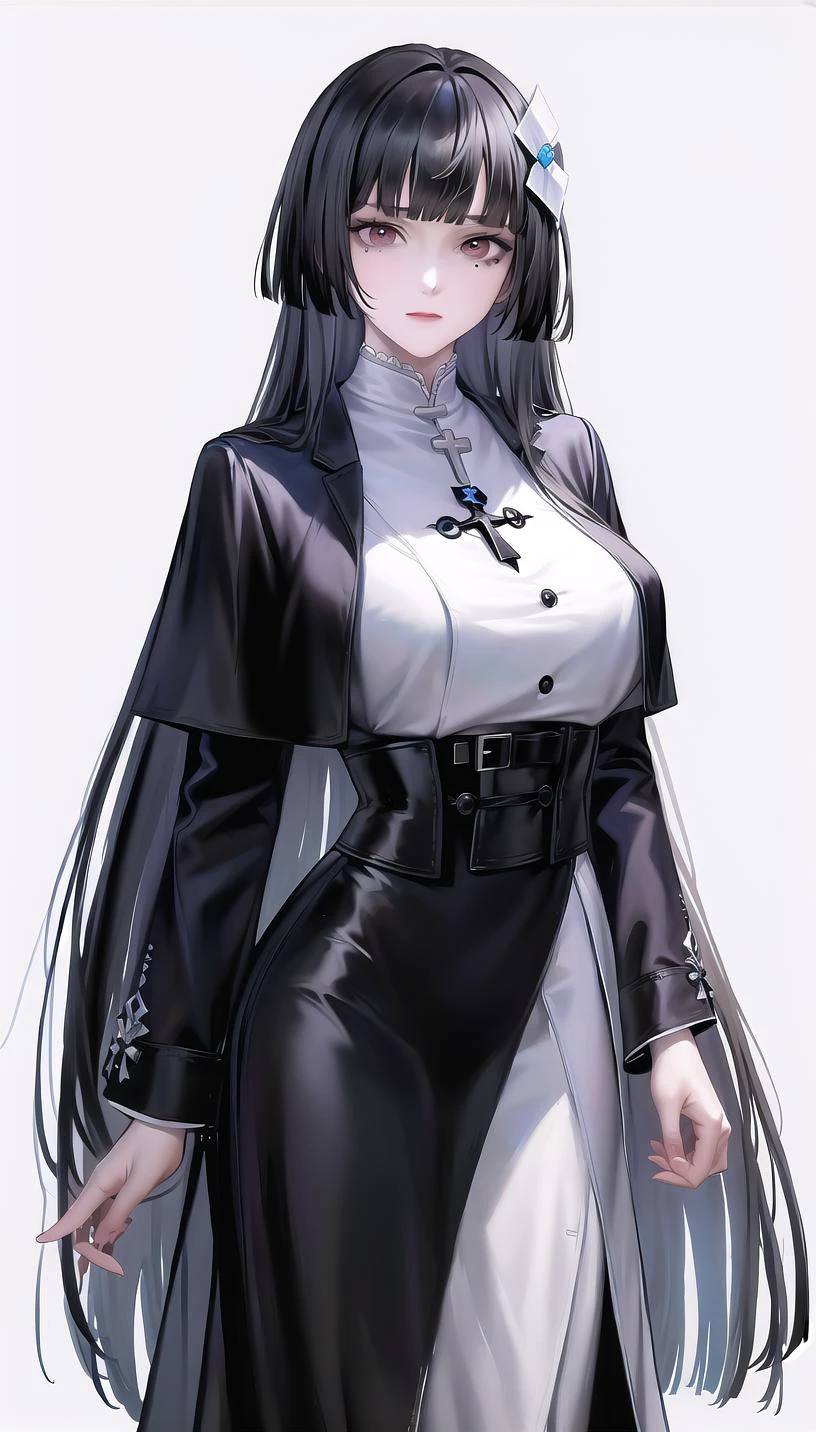 hair flower, mole under eye,very long hair,
(cassock:1.28),
lady,mature female, cowboy shot,
(white background,simple background:1.18),
highres,official art,original,masterpiece,best quality,
(huge breasts:0.8),
<lora:Sumire1:0.8>