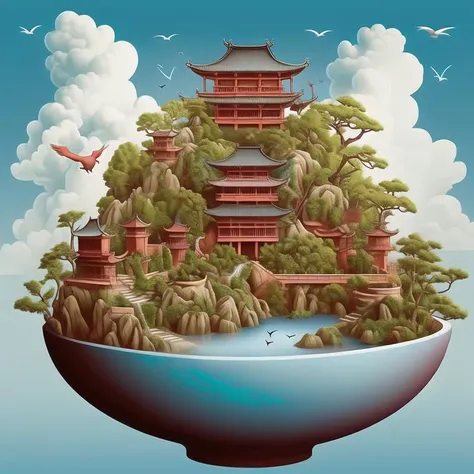 potted, garden, east asian architecture, water, bird, cloud