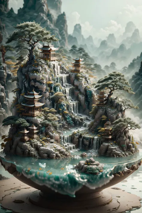 1girl,(jade carving potted),water,waterfall,pond,lotus,cherry,colored tree,High Detail,Sharp focus,full body,(closeup),realistic details,miniature sculpture,(jade:1.3),three-dimensional,3D,blender,C4D,<lora:jade:1>,<lora:chengepen_V1:0.6>,, (masterpiece, best quality, high quality, highres, ultra-detailed),