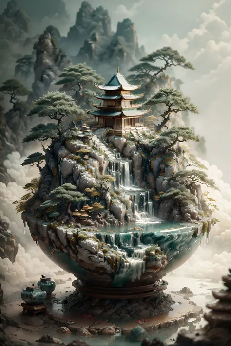 1girl,(jade carving potted),water,waterfall,pond,lotus,cherry,colored tree,High Detail,Sharp focus,full body,(closeup),realistic details,miniature sculpture,(jade:1.3),three-dimensional,3D,blender,C4D,<lora:jade:1>,<lora:chengepen_V1:0.6>,, (masterpiece, best quality, high quality, highres, ultra-detailed),