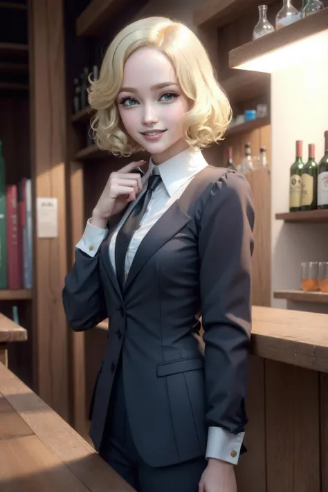 maria renard, 1girl, solo, blonde hair,green eyes,short hair,bare neck,naked neck,black suit,black blazer, white collared shirt, black pants, black necktie,night,bar,smile,hand on own chin,(best quality, masterpiece)  <lora:maria_renard_v1:0.8>  <lora:hipoly_3dcg_v7-epoch-000012:0.5>