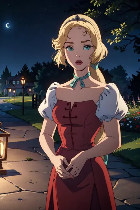 inusen,maria renard, 1girl, solo,cowboy shot, blonde hair,green eyes,long hair, low ponytail,red long dress,short sleeves,bare neck,naked neck, princess, tiara,night,dappled moonlight,outdoors, tree,nature,town, dirt road,green hair ribbon,(best quality, masterpiece) <lora:maria_renard_v1:0.8> <lora:inusen_v1:0.8>