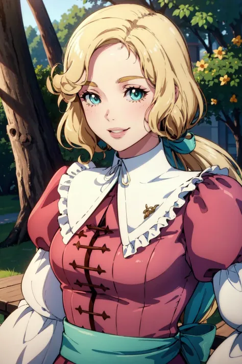 maria renard, 1girl, solo,upper body, blonde hair,green eyes,long hair, low ponytail, pink shirt, white detached collar,green sash,puffy long sleeves ,medium breasts,dappled sunlight,outdoors, tree,smile,lips, nose, (best quality, masterpiece) <lora:maria_renard_v1_1:1>
