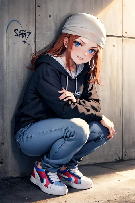 masterpiece, best quality, <lora:ysterra-nvwls-v1-000009:0.9> ysterra, bandana, blue hoodie, jeans, graffiti, brick wall, smirk, furrowed brow, sneakers, squatting