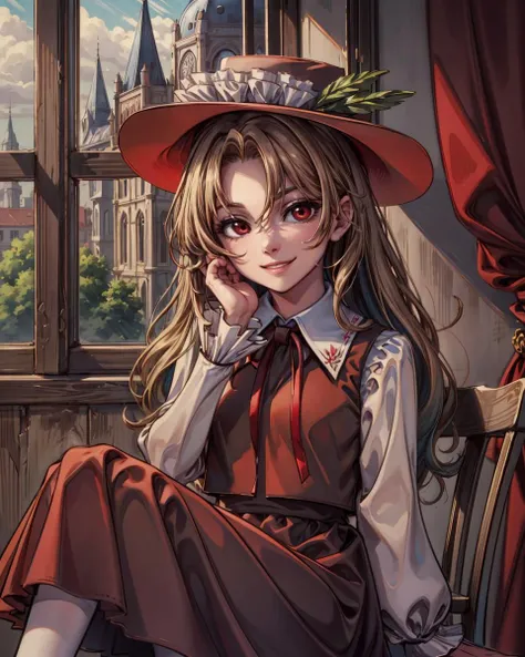 <lora:touhou_jacketgirl-10:1.0>, solo, 1girl, dippjacketgirl, smile, looking at viewer, sitting, hand on own face, frilled hat, hat feather, collared shirt, red ribbon, long sleeves, brown vest, brown skirt, <lora:add_detail:0.6>, masterpiece, best quality