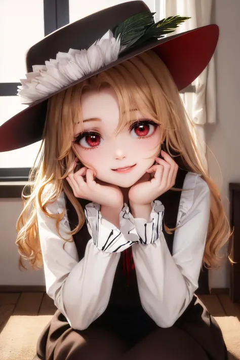 (masterpiece, best quality:1.2), <lyco:touhou_jacketgirl-10:1.0>, solo, 1girl, dippjacketgirl, smile, looking at viewer, sitting, hand on own face, frilled hat, hat feather, collared shirt, red ribbon, long sleeves, brown vest, brown skirt