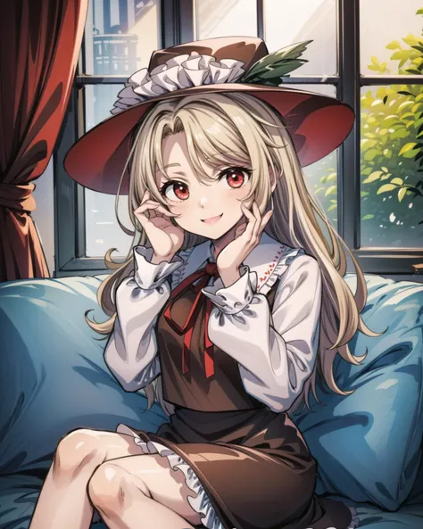 <lora:touhou_jacketgirl-10:1.0>, solo, 1girl, dippjacketgirl, smile, looking at viewer, sitting, hand on own face, frilled hat, hat feather, collared shirt, red ribbon, long sleeves, brown vest, brown skirt, <lora:add_detail:1>, masterpiece, best quality,