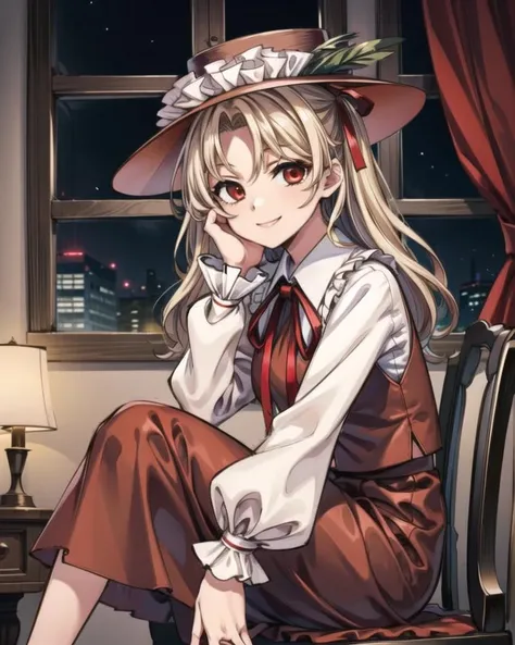 <lora:touhou_jacketgirl-10:1.0>, solo, 1girl, dippjacketgirl, smile, looking at viewer, sitting, hand on own face, frilled hat, hat feather, collared shirt, red ribbon, long sleeves, brown vest, brown skirt, <lora:add_detail:1>, masterpiece, best quality,