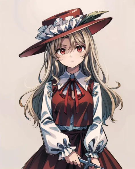 <lora:touhou_jacketgirl-10:1.0>, cowboy shot, solo, 1girl, dippjacketgirl, expressionless, looking at viewer, holding, cross, frilled hat, hat feather, collared shirt, red ribbon, long sleeves, brown vest, brown skirt, <lora:add_detail:1>, masterpiece, best quality,