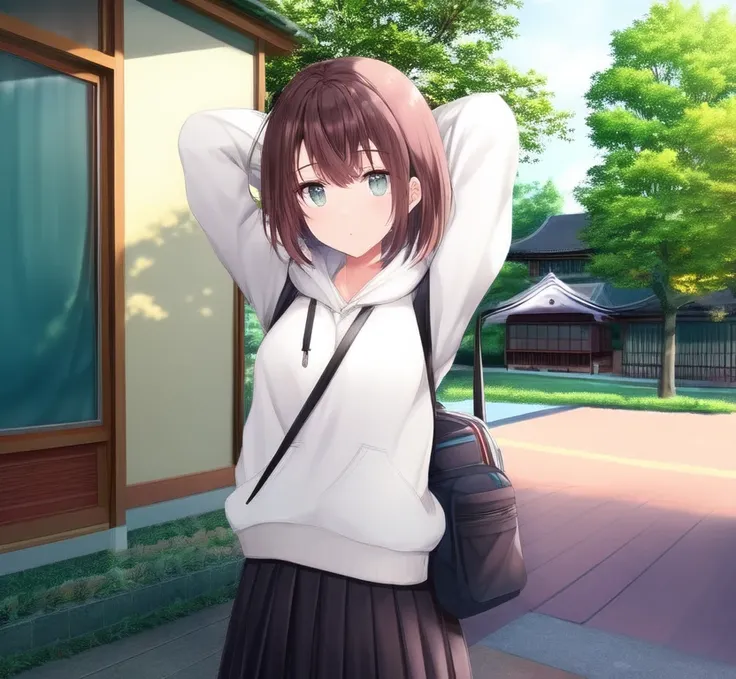 masterpiece, best quality, high quality, newest, new, exceptional, best aesthetic, BREAK
anime, 1girl, short hair, white hoodie, school bag, arms behind head, BREAK
anime, outdoor, school, morning, kyoto, house