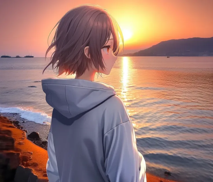 masterpiece, best quality, high quality, newest, new, exceptional, best aesthetic, BREAK
anime, 1girl, short hair, white hoodie, from from behind, BREAK
(factory:1.2), ocean, evening, orange sky