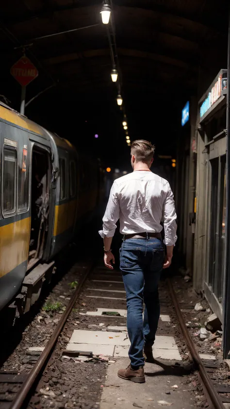 an awarded profesional photography of (1man:1.3) Russian with yellow eyes eyes and Bushy Brows and male Straight Ivy League hair hairstyle and French beardin gray color, dressed as Tinkerer sad smile, carrying in ravaged train station, shattered platforms, derailed trains, abandoned travel hub ,(epic scene:1.3),ultradetialed character with perfect face,detailed skin,(ultrasharp:1.3),(masterpiece:1.1),best quality,(photorealistic:1.2),ultrarealistic,realistic ultradetailed character,4k perfect quality, <lyco:GoodHands-beta2:1> by by Nick Brandt Silhouette Lighting camera angle from behind and cowboy shot Magnificent,Imperceptible detail,Intricately designed, (perfect quality face:1.5) hyper-detailed complex, insanely detailed, detailed clothes, detailed skin, detailed body,