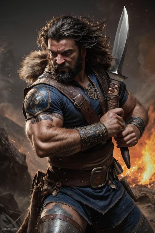 A man with long hair and beard holding a sword in front of a fire ...