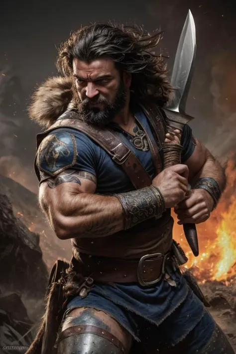 a profestional picutre of Torvald Stonefist (Berserker - Male): Torvald is a rugged and relentless berserker, with thick, dark hair and piercing blue eyes that hold a fierce determination. He wears a combination of heavy fur and iron armor, adorned with tribal markings that symbolize his strength and ferocity in battle. Torvald's gauntlets are forged from the bones of mythical creatures, representing his conquests against formidable foes. He wields a colossal greataxe, its blade etched with ancient runes, capable of cleaving through multiple enemies at once. Torvald's indomitable will and his relentless fighting spirit make him a terrifying sight on the battlefield.,Mercenary's Challenge: Behavior: The character holds up a weapon, challenging a foe with a daring grin. Their movements are confident and assertive, embodying a fierce spirit that thrives on competition., camera angle from side and cropped legs, blend photorealism 2 2 : fashion shadows photographic unreal 5 daz. rpg ,extremely detailed artgerm greg rutkowski greg,((ultrasharp)),((masterpiece)),((best quality)),((ultradetailed)),((intricated details)), ultradetailed character, detailed face, intricated face details, <lyco:GoodHands-beta2:1.0> <lora:add_detail:0.5> , extremaly detailed background,