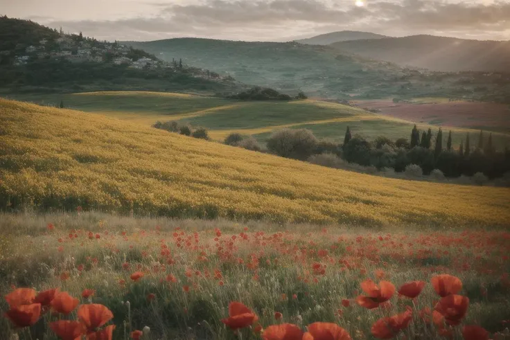 a profestional picutre of spring, Tuscany, Italy: Tuscany's rolling hills come alive in spring, as vineyards and olive groves awaken, and the landscape is dotted with poppies and wildflowers, creating a captivating scene of renewal and natural beauty. ,wide angle, landscape , photorealism,unreal 5 daz, extremely detailed ,((ultrasharp)),((masterpiece)),((best quality)),((ultradetailed)),((intricated details)), extremaly detailed background, <lora:add_detail:0.7> ultra realistic,32k,RAW photo, 8k ,dslr,soft lighting,high quality,film grain, beautiful and aesthetic,extremely detailed, natural shadows, <hypernet:sxzBloom_sxzBloom:0.7>