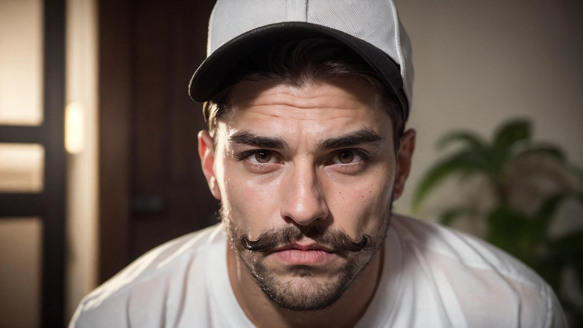 an awarded profesional photography of (1man:1.3) satyr with black eyes pink eyes eyes and Natural Brows and male modern slick back hairstyle and walrus mustachein aqua color, he wear gym shorts and cabbie hat pain, hug in conservatory ,(epic scene:1.3),ultradetialed character with perfect face,detailed skin,(ultrasharp:1.3),(masterpiece:1.1),best quality,(photorealistic:1.2),ultrarealistic,realistic ultradetailed character,4k perfect quality, <lyco:GoodHands-beta2:1> by Bob Orsillo Automotive Lighting camera angle wide shot and wide shot Magnificent,Imperceptible detail,Intricately designed, (perfect quality face:1.5) hyper-detailed complex, insanely detailed, detailed clothes, detailed skin, detailed body,