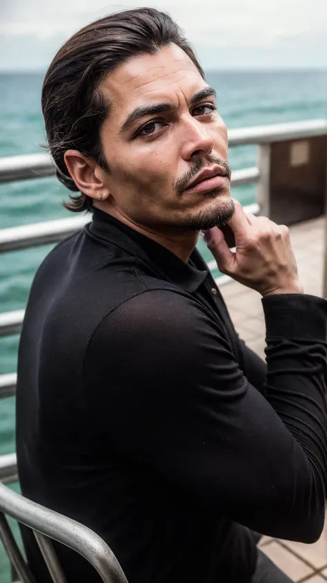 an awarded profesional photography of (1man:1.3) Native Hawaiian with ruby eyes and Angular Brows and male textured fringe hairstyle and Johnny Depp goatee shavingin dark brown color, dressed as Ranger weeping in despair, sitting on a chair hands put on the rail in The Great Ocean Road ,(epic scene:1.3),ultradetialed character with perfect face,detailed skin,(ultrasharp:1.3),(masterpiece:1.1),best quality,(photorealistic:1.2),ultrarealistic,realistic ultradetailed character,4k perfect quality, <lyco:GoodHands-beta2:1> by by Yousuf Karsh LED Lighting camera angle from behind and focus on upper body Magnificent,Imperceptible detail,Intricately designed, (perfect quality face:1.5) hyper-detailed complex, insanely detailed, detailed clothes, detailed skin, detailed body,