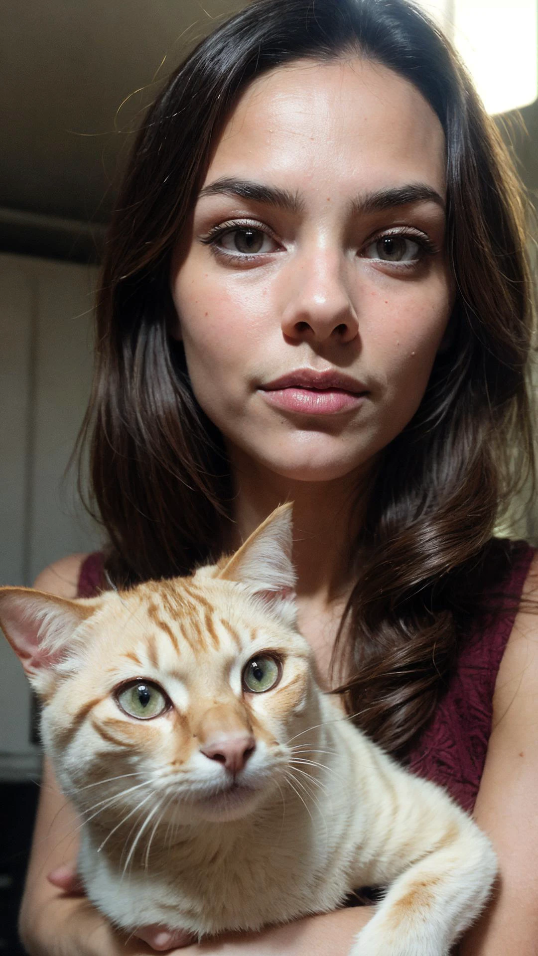an awarded profesional photography of 1girl sri lankan with Diamond-shaped body and Average Breasts with purple eyes eyes and Tapered eyebrows and Silver tight curly hair dressed as firebrand smug, holding a cat in nomadic caravan, traveling group, mobile shelters, survival on the move ,(epic scene:1.3),ultradetialed character with perfect face,detailed skin,(ultrasharp:1.3),(masterpiece:1.1),best quality,(photorealistic:1.2),ultrarealistic,realistic ultradetailed character,4k perfect quality, <lyco:GoodHands-beta2:1> by by Mario Testino Backlighting camera angle pov and focus on full body Magnificent,Imperceptible detail,Intricately designed, (perfect quality face:1.5) hyper-detailed complex, insanely detailed, detailed clothes, detailed skin, detailed body,