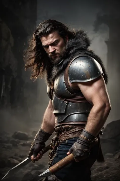 a profestional picutre of Torvald Stonefist (Berserker - Male): Torvald is a rugged and relentless berserker, with thick, dark hair and piercing blue eyes that hold a fierce determination. He wears a combination of heavy fur and iron armor, adorned with tribal markings that symbolize his strength and ferocity in battle. Torvald's gauntlets are forged from the bones of mythical creatures, representing his conquests against formidable foes. He wields a colossal greataxe, its blade etched with ancient runes, capable of cleaving through multiple enemies at once. Torvald's indomitable will and his relentless fighting spirit make him a terrifying sight on the battlefield.,Bard's Inspiration: Behavior: The character strikes a pose of deep contemplation, one hand resting on her chin. Her movements are introspective and thoughtful, embodying the creative process of composing music., camera angle from below and cropped legs, blend photorealism 2 2 : fashion shadows photographic unreal 5 daz. rpg ,extremely detailed artgerm greg rutkowski greg,((ultrasharp)),((masterpiece)),((best quality)),((ultradetailed)),((intricated details)), ultradetailed character, detailed face, intricated face details, <lyco:GoodHands-beta2:1.0> <lora:add_detail:0.5> , extremaly detailed background,