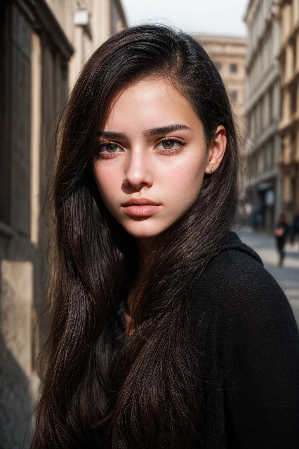 18 years old Rome woman, detailed brown eyes, wearing black hoodie, black hair, photograph of closeup face, city natural lighting, <lora:add_detail:1.4>, long hair, by Greg Rutkowski, <lora:skin_tone_slider_v1:-0.5>, <lora:weight_slider_v1:-0.5>, <lora:InstantPhotoX3:0.3>
