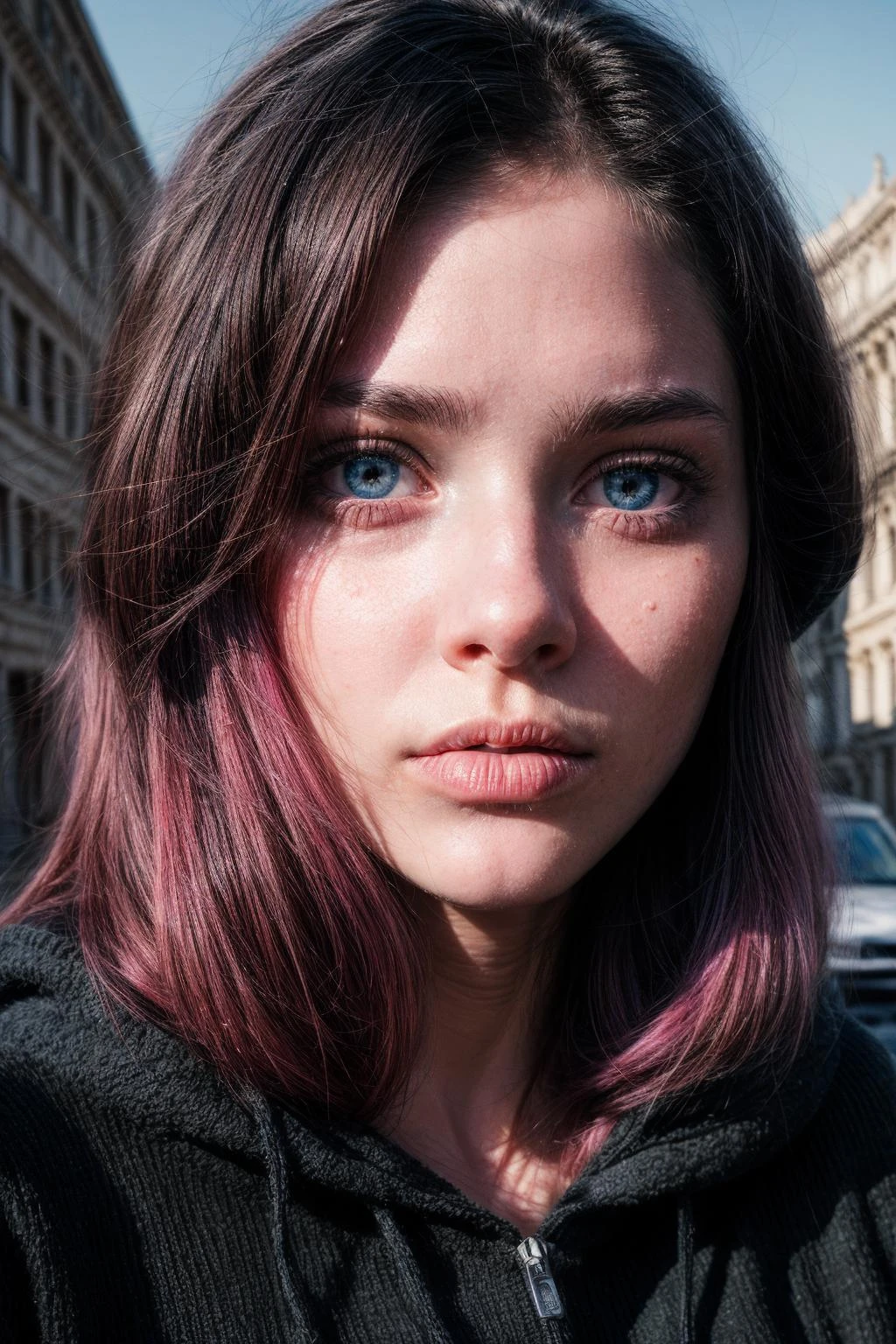 18 years old Rome woman, detailed blue eyes, wearing black hoodie, pink hair, photograph of closeup face, city natural lighting, <lora:add_detail:1.4>, long hair, by Greg Rutkowski, <lora:skin_tone_slider_v1:-0.5>, <lora:weight_slider_v1:-0.5>, <lora:InstantPhotoX3:0.3>