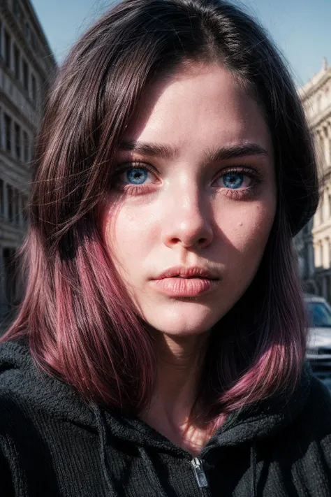 18 years old Rome woman, detailed blue eyes, wearing black hoodie, pink hair, photograph of closeup face, city natural lighting, <lora:add_detail:1.4>, long hair, by Greg Rutkowski, <lora:skin_tone_slider_v1:-0.5>, <lora:weight_slider_v1:-0.5>,  <lora:InstantPhotoX3:0.3>