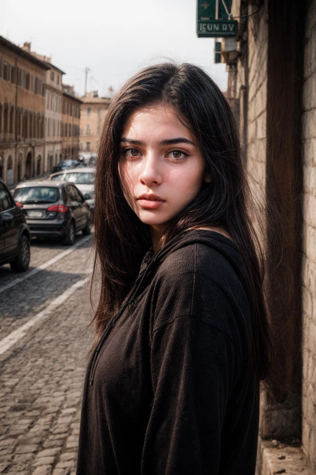 18 years old Rome woman, detailed brown eyes, wearing black hoodie, black hair, photograph of closeup face, city natural lighting, dull colors, <lora:add_detail:1.4>, long hair, by Greg Rutkowski, <lora:skin_tone_slider_v1:-0.5>, <lora:weight_slider_v1:-0.5>, <lora:InstantPhotoX3:0.3>