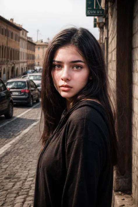 18 years old Rome woman, detailed brown eyes, wearing black hoodie, black hair, photograph of closeup face, city natural lighting, dull colors, <lora:add_detail:1.4>, long hair, by Greg Rutkowski, <lora:skin_tone_slider_v1:-0.5>, <lora:weight_slider_v1:-0.5>,  <lora:InstantPhotoX3:0.3>