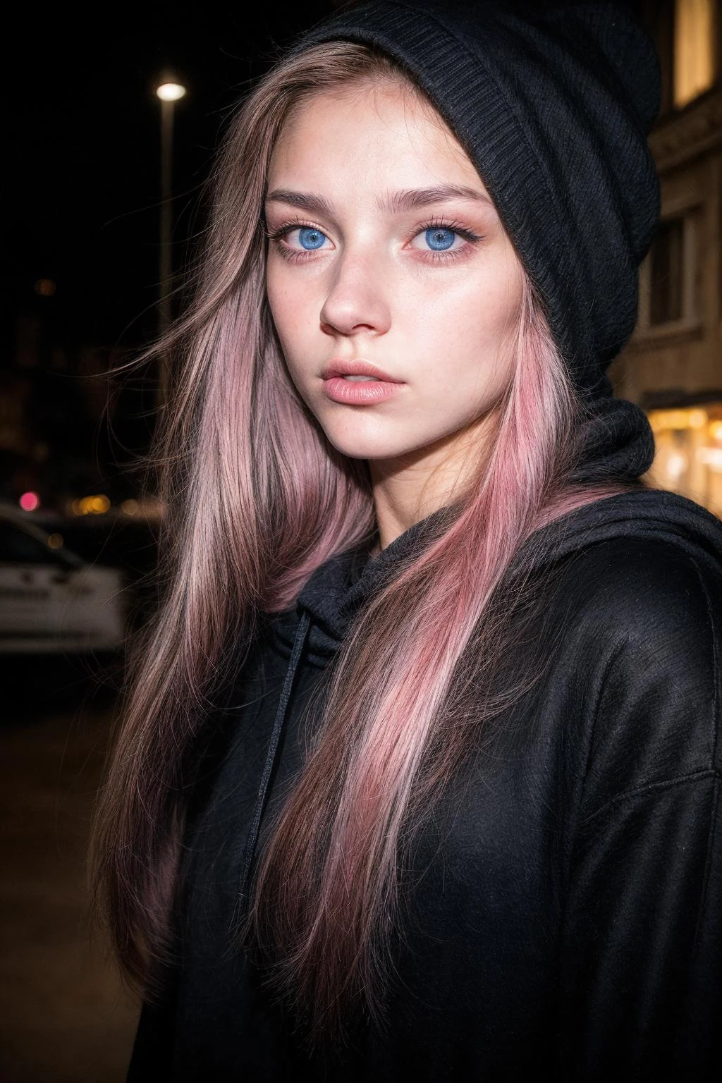 18 years old Rome woman, detailed blue eyes, wearing black hoodie, pink hair, photograph of closeup face, city natural lighting, <lora:add_detail:1.4>, long hair, by Greg Rutkowski, <lora:skin_tone_slider_v1:-0.5>, <lora:weight_slider_v1:-0.5>, <lora:InstantPhotoX3:0.3>