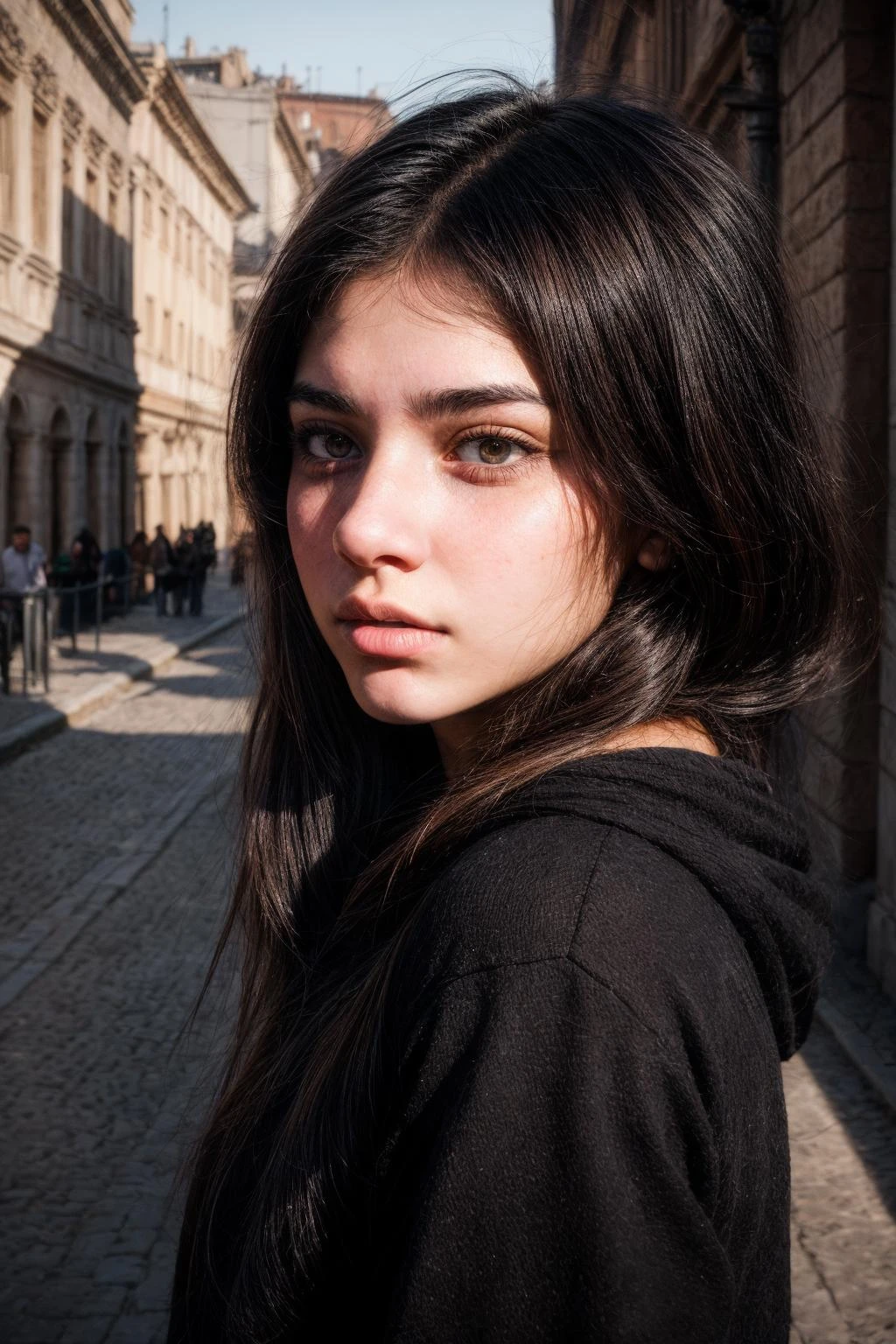 18 years old Rome woman, detailed brown eyes, wearing black hoodie, black hair, photograph of closeup face, city natural lighting, dull colors, <lora:add_detail:1.4>, long hair, by Greg Rutkowski, <lora:skin_tone_slider_v1:-0.5>, <lora:weight_slider_v1:-0.5>, <lora:InstantPhotoX3:0.3>