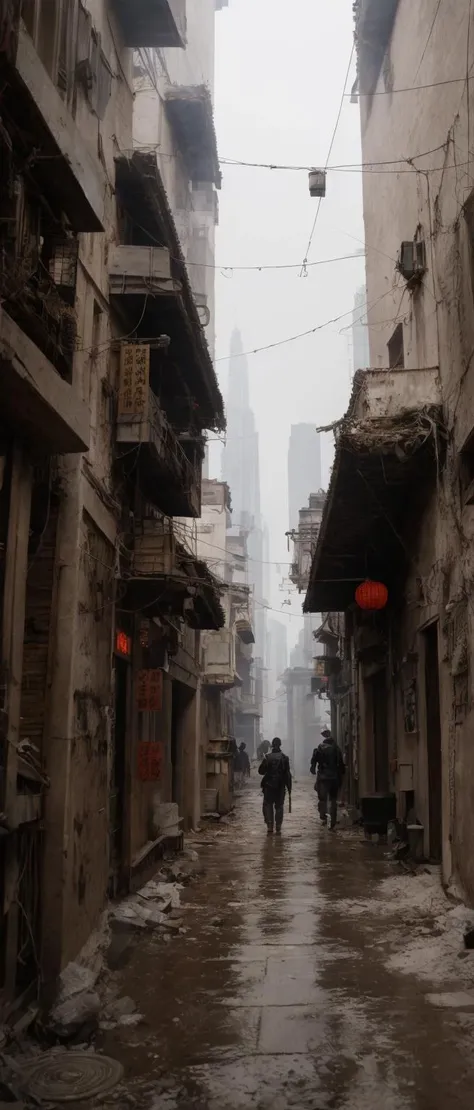 chinese cyberpunk town, narrow alley, plants, dystopia, skyscrapers, very tall building, citadel, sci-fi, future architecture, wide composition, 21:9, dynamic, great perspective, film grain, motion blur, cinematic, masterpiece, high quality, highres, absurdres, editorial, official art, artstation, dramatic, great composition, concept art, matte painting, hyperreal, photoreal, realistic, raw photo, detailed, ultra-detailed, intricate,