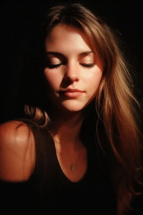 Deep photo, depth of field, ferrania p30 film, shadows, messy hair, perfect face and body, dark, nighttime, dark photo, grainy, dimly lit, seductive smirk, harsh camera flash ((eyes closed))