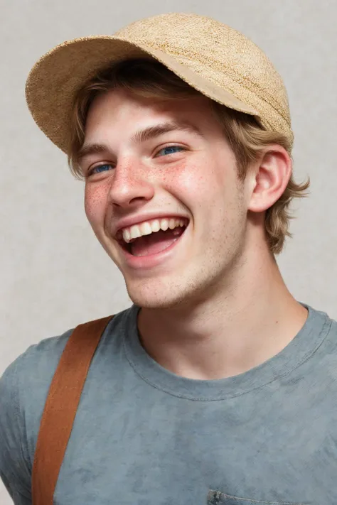 close-up photo portrait of a 20 yo european man, blond short curly hair, blue eyes, laughing face expression, freckles, denim overall, t-shirt, straw hat, farmer, simple background