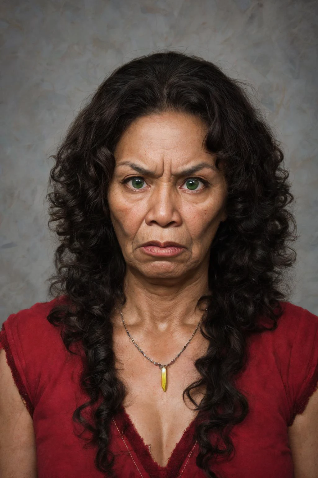 close-up photo portrait of a 60 yo samoan woman, black long curly hair, green eyes, angry face expression, chest red huge gem, necklace, chieftain, traditional, simple background