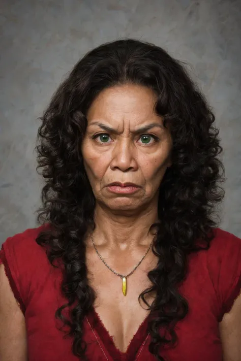 close-up photo portrait of a 60 yo samoan woman, black long curly hair, green eyes, angry face expression, chest red huge gem, necklace, chieftain, traditional, simple background