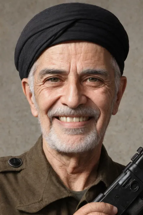 close-up photo portrait of a 80 yo aged Arab man, short grey hair, beard, black eyes, joyful face expression, turban, holding ak-47, military, simple background
