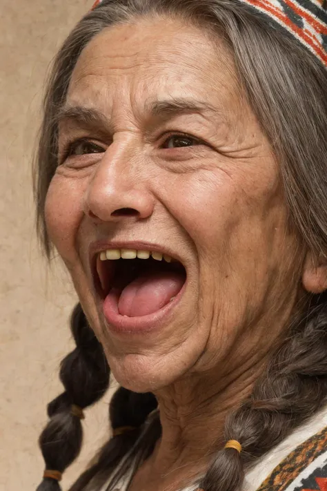 close-up photo portrait of a 100 yo old native american woman, grey hair, brown eyes, screaming face expression, twin braids, warbonnet, feathers, tribal, simple background